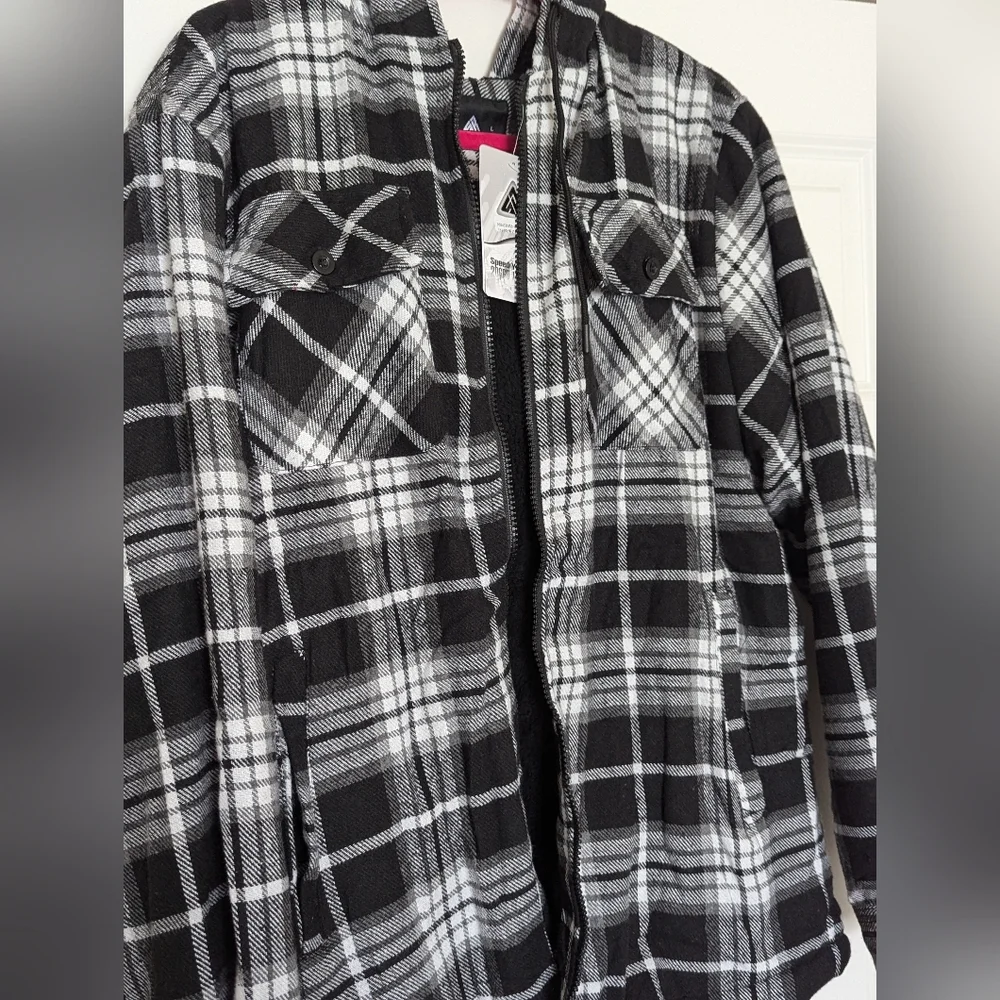 Plaid Hooded Jacket - Black and White/ Size Large/ Nwt - Picture 3 of 8